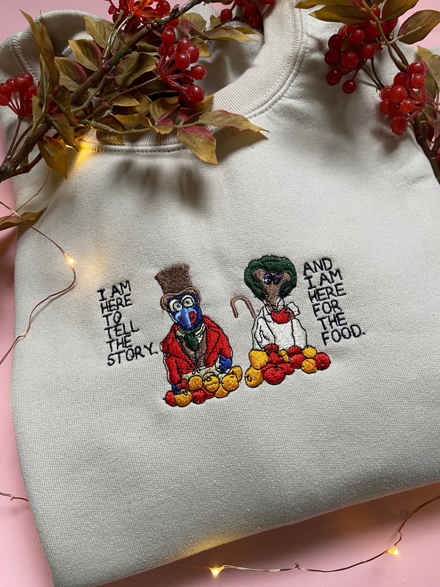 Here for the story and the food Embroidered Sweatshirt