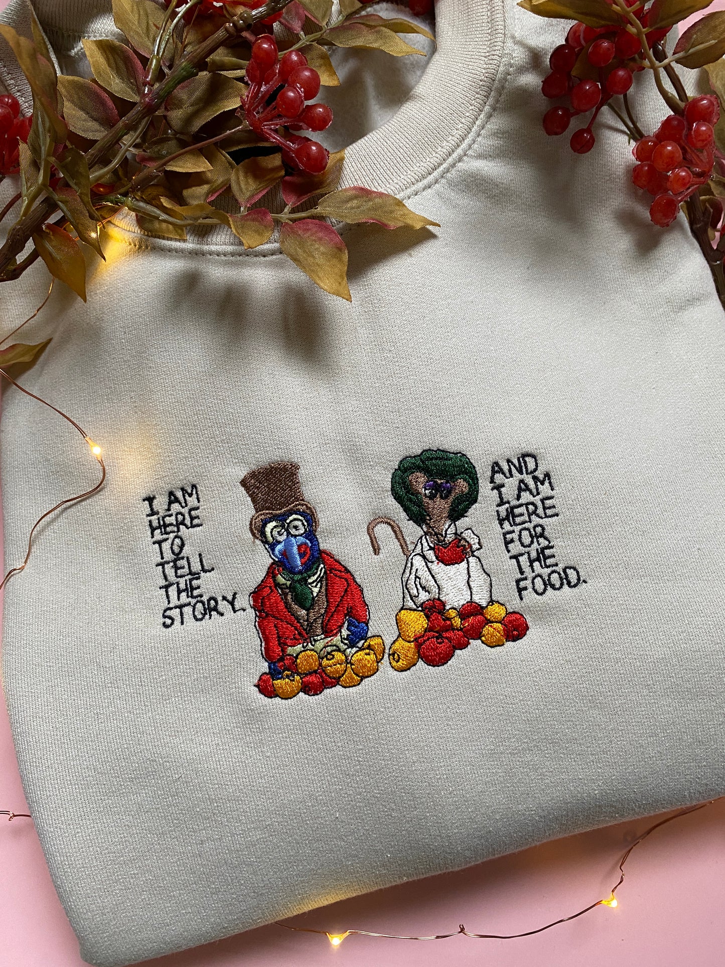 Here for the story and the food Embroidered Sweatshirt