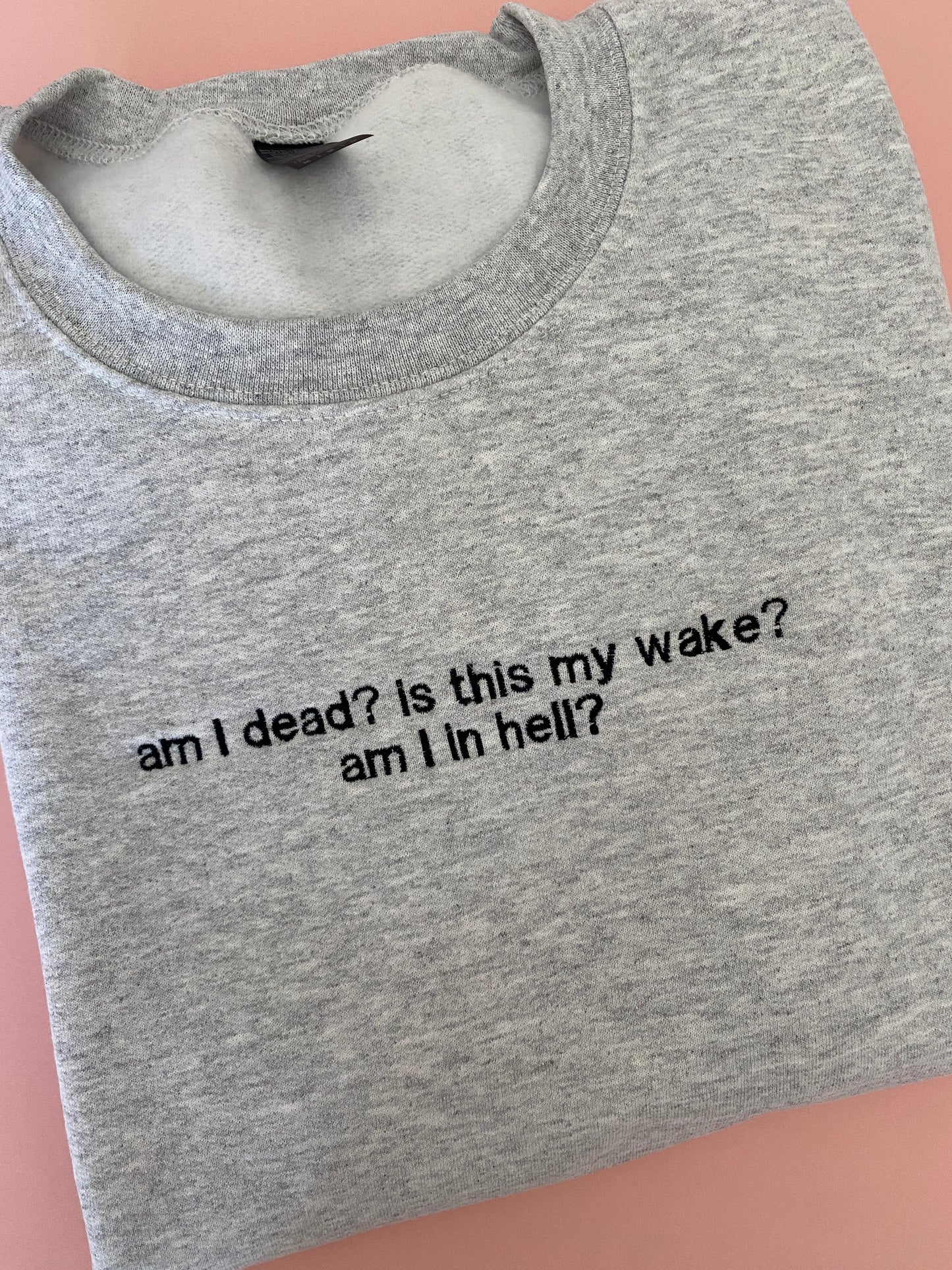 Is this my wake? Am I in hell? Embroidered sweatshirt