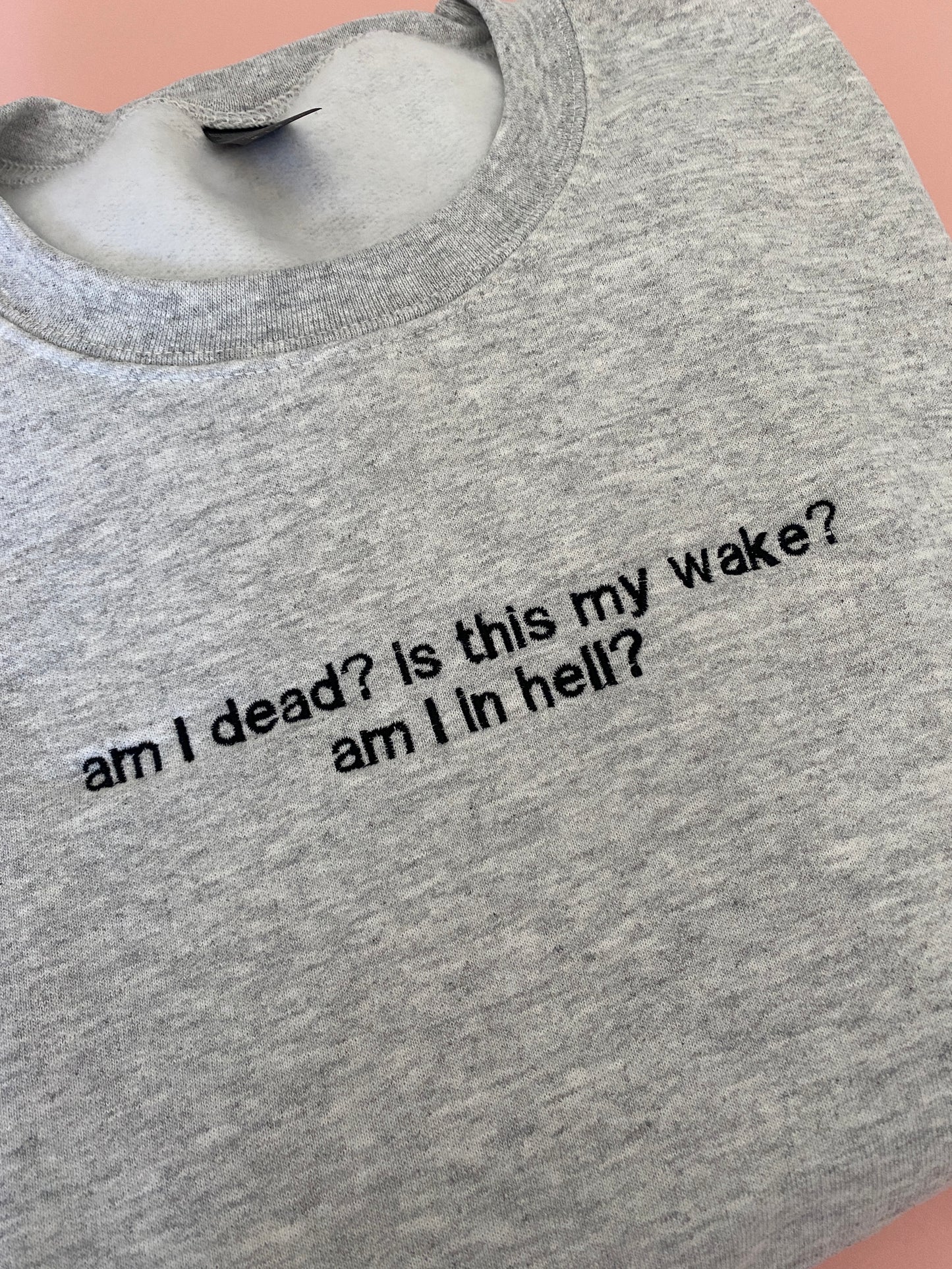 Is this my wake? Am I in hell? Embroidered sweatshirt